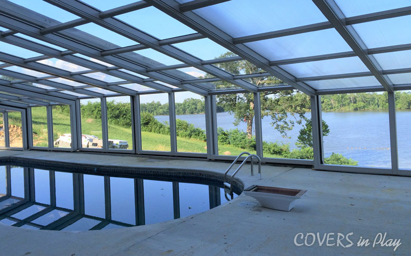 Interior of pool dome in Chester, VA, showing the beautiful lakeside view
              from the pool.