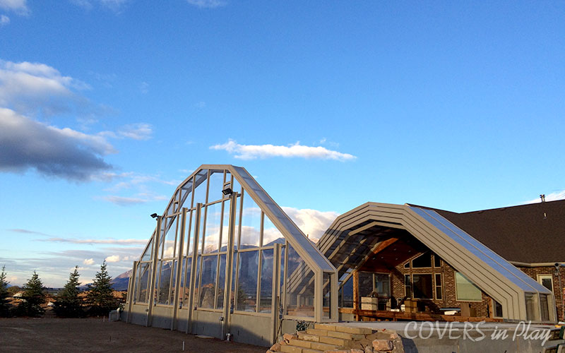 Exterior view of open pool dome frame in Nephi, UT.